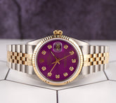 Rolex Datejust 36mm 18k YG & Steel Fluted Purple Diamond Dial Watch 16013